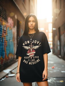 T-shirt da donna Bon Jovi taglie forti a maniche corte, stampa cartoon ali cuore slogan, streetwear vestibilità ampia tessuto morbido girocollo - Product Image 2