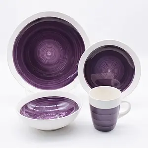 批发定制紫色手绘粗陶陶瓷餐具套装