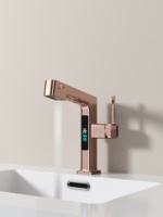 Robinet de lavabo extractible tout en laiton couleur or rose avec affichage numérique intelligent de la température, mitigeur monocommande chaud/froid pour salle de bain