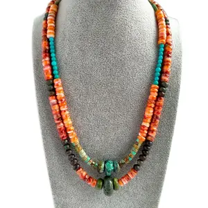 925 Sterling Silver Turquoise and Orange Spiny Oyster Beaded Necklace