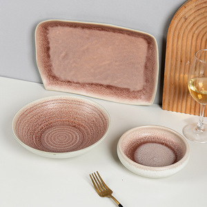 Juego de Platos y Tazones de Cerámica Ecológicos de Lujo Ligero, Serie Rojo <span class=keywords><strong>Granate</strong></span> Retro, para Comida Occidental y Frutas - Product Image 2