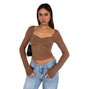Camisetas de nailon casuales básicas de manga larga con cuello redondo y ajuste ceñido de color liso para mujer, estilo crop top, ideales para otoño, ¡las más vendidas! - Product Image 3
