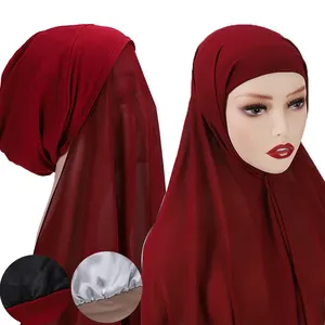 Jilbab Sifon Baru dengan Jersey Satin, Topi Dalam Wanita Muslim Syal Bungkus Jilbab Sifon Instan Siap Pakai 2022