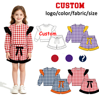 Ensemble 2 pièces personnalisé pour filles, haut à manches longues à volants sur les épaules et short à volants avec nœud, couleur contrastante, vêtements pour enfants