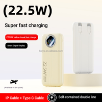 Power Bank Digital Display Model Baru 20000mAh Portabel Tipe-C PD 22.5W Pengisian Cepat Baterai LI-Polymer Kabel 2-kabel Terintegrasi