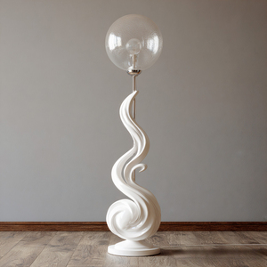 Lámpara de pie esculpida con diseño de espiral infinita en blanco brillante, base curva hueca y pantalla de globo de vidrio esmerilado para sala de estar - Product Image 4