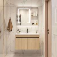 Meuble-lavabo mural en aluminium naturel personnalisé avec vasque en céramique, armoire miroir LED intelligente anti-buée et étagère ouverte