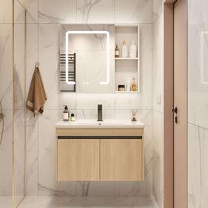 Meuble-lavabo mural en bois naturel personnalisé avec vasque en céramique et armoire miroir LED intelligente anti-buée avec étagère ouverte - Product Image 2
