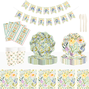 DAMAI - Juego de Vajilla Desechable con Diseño de Flores para Fiestas, Platos, Servilletas y Vasos de Papel Verdes - Product Image 2