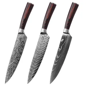 2022 חדש OEM לוגו מקצועי דמשק לייזר דפוס סכין שף 8 אינץ עבור מטבח שף סכיני pakka עץ ידית