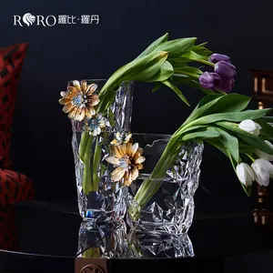 RORO venta al por mayor decoración del hogar moderno lujo creativo decorativo esmalte crisantemo flor cristal mesa escritorio florero