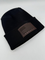 Bonnet tricoté personnalisé avec patch en cuir, logo en PU gravé au laser, motif drapeau, fil chiné, chaud pour l'hiver
