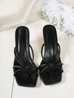 Sepatu Sandal Wanita Hak Kitten Hitam Model Square Toe Strappy Mule Heels Slip-On Elegan untuk Pesta