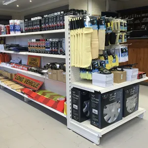 Golden fornecedor supermercado dupla face gôndola exibição prateleiras com painel traseiro perfurado