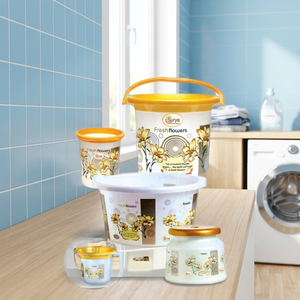 Floral Printed Yellow 6-Piece <b>Bathroom</b> Set Includes Plastic Bucket Mug <b>Stool</b> Soap Case Tub Dustbin - Product Image 1