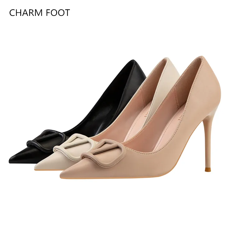 European and American style fashion banquet thin heel high heel shallow mouth pointed metal buckle simple shoes for women