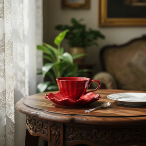 Taza de Café de Cerámica <span class=keywords><strong>Roja</strong></span> Brillante con Borde Acanalado y Platillo a Juego, Taza Moderna con Rayas para Servir Té, Latte y Espresso en Casa, Oficina o Cafetería - Product Image 2