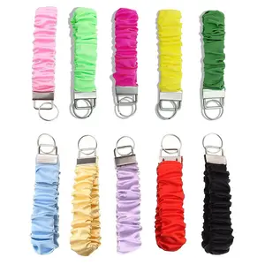 Wholesale Eco Friendly Silk Scrunchies Keychain Accessories Elastic Hair Band Custom Pattern Satin Wristlet Scrunchies Keychains