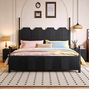 Premium <b>Black</b> Solid Wood <b>Bed</b> Frame French Vintage Wave Panel Carved Headboard Turned Post Bedroom Furniture Stable Home Wooden D - Product Image 6