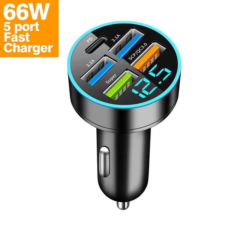 2024 Neuzugang 5 in 1 Typ c Adapter Autoladegerät 66 W 3.1 A 5 Ports USB Autoaufladung mit Spannungsbildschirm für iPhone samsung 14 15