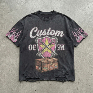 <b>Rivet</b> Rhinestones Vintage Distressed Digital Printing 100% Cotton Worn Out OEM Custom Boxy Oversized Streetwear Men's T-shirt - Product Image 1