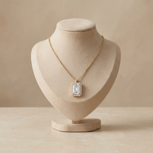 Gold Lab Grown Diamond <b>Emerald</b> Cut Halo <b>Pendant</b> Necklace Fine Minimalist Jewelry Gift For Women Elegant Charm - Product Image 1