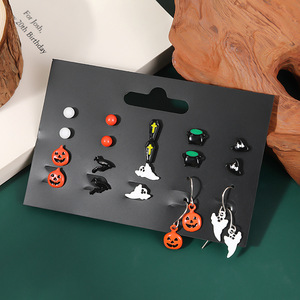 Set de Pendientes de Halloween: Aretes de Dibujos Animados de Calabaza, Fantasma y Sombrero de Bruja, Joyería de Fiesta de Aleación con Postes de Acero Inoxidable - Product Image 3