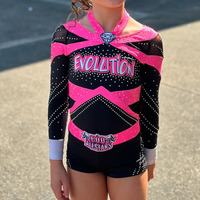 Uniforme de Animadoras con Pedrería Brillante, Color Rosa y Negro, Manga Larga, para Competencia y Entrenamiento
