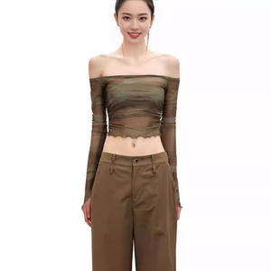 Camiseta <span class=keywords><strong>de</strong></span> <span class=keywords><strong>tul</strong></span> versátil estilo Ins <span class=keywords><strong>de</strong></span> <span class=keywords><strong>manga</strong></span> <span class=keywords><strong>larga</strong></span> con estampado Floral <span class=keywords><strong>de</strong></span> malla Retro con hombros descubiertos para mujer - Product Image 5