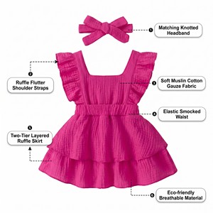 Abiti per Bambine all'Ingrosso, Set Estivo 2 Pezzi in <span class=keywords><strong>Cotone</strong></span> Muslin, Abbigliamento Casual Tinta Unita per Neonati e Bambini, Personalizzabile RTS - Product Image 4