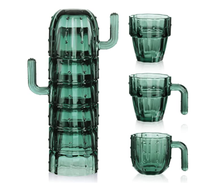 Set 6 Gelas Minum Kaktus yang Dapat Ditumpuk, 240ml. Gelas Vintage Berwarna Hijau untuk Minuman Anggur, Air, Kopi.