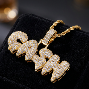 Collier avec pendentif lettre plaqué or, serti de pierres, chaîne en corde, bijoux hip-hop en laiton, cadeau personnalisé avec nom - Product Image 2