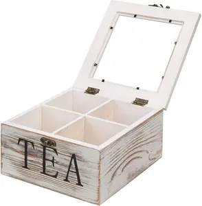 Caja de té Retro con 4 compartimentos, caja de almacenamiento de té de madera lavada blanca con diseño de campo, personalizada con tapa con bisagras