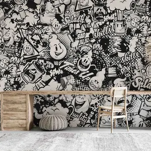 Décoration murale de personnage de dessin animé noir et blanc papier peint pelable graffiti 3D