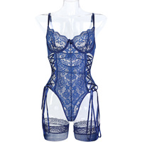 Nouvelle Mode Lingerie Femme Sexy : Bodys Sculptants en Dentelle Brodé Ajourée avec Bretelles à Nouer et Anneau en Acier