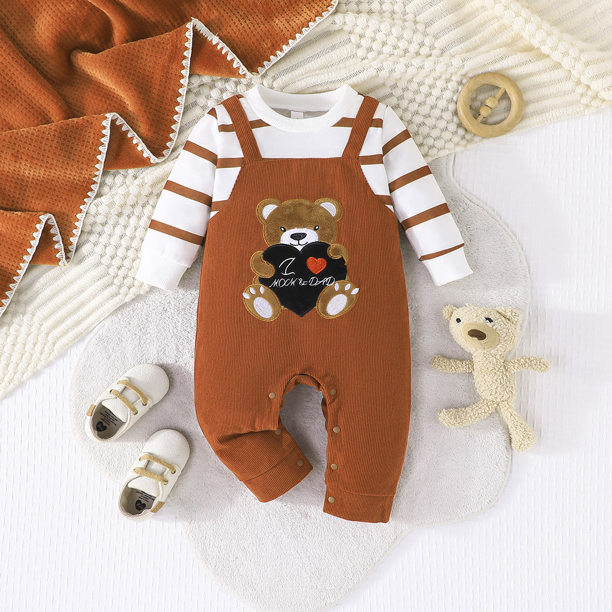 Baby Rompers With Cute Teddy Bear Pattern Button Closure Long Sleeves  Jumpsuit Baby Crawling Clothes Factory Wholesale Onesie