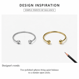 Double Ball Open <b>Stainless</b> <b>Steel</b> <b>Ring</b> with 14K Gold Vacuum Plating Minimal Adjustable Polished Band - Product Image 2
