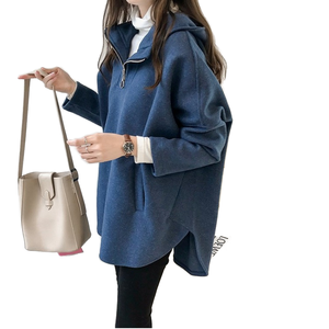 Stylish Blue Quarter <b>Zip</b> <b>Hooded</b> Pullover With Loose Fit And Side Slit Details Ideal For Comfortable Layering - Product Image 1