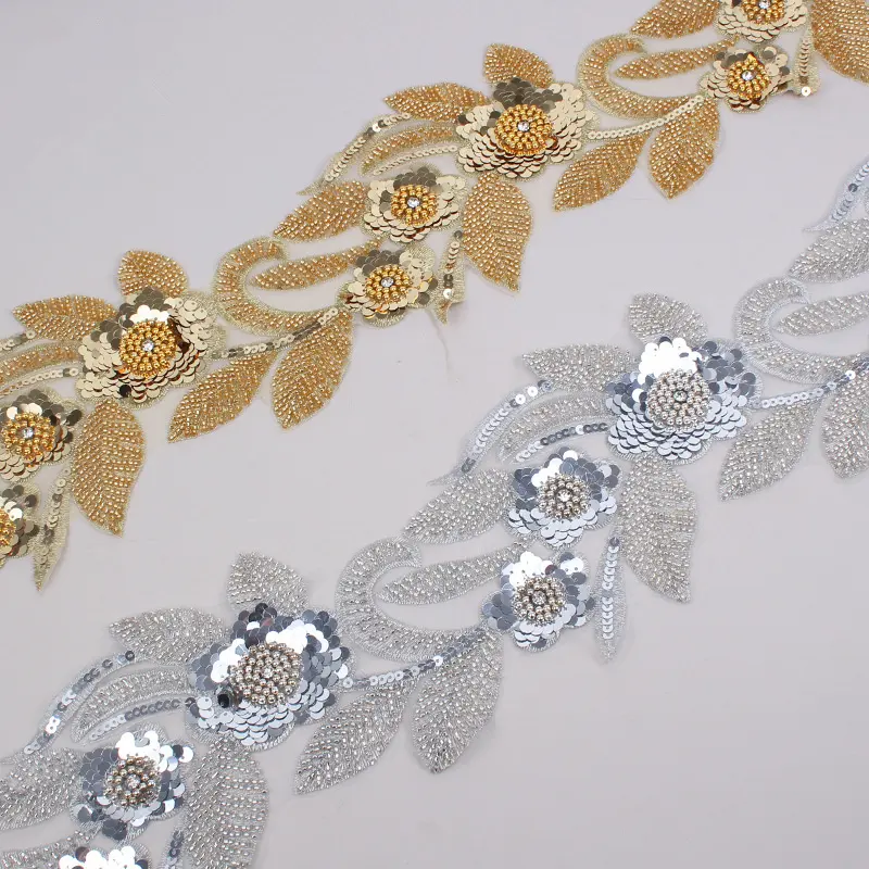 19cm Wide Gold Silver Sequin Beading Embroidery Wedding Dress Headband Trim