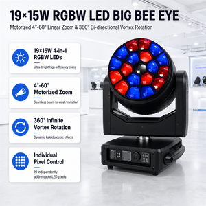 ไฟหัวขยับแบบปรับซูมได้ 19x15W RGBW Pixel Control Bee Eye พร้อมเอฟเฟกต์ Beam Wash Kaleidoscope สำหรับเวที คอนเสิร์ต ดีเจ และโรงละคร - Product Image 1
