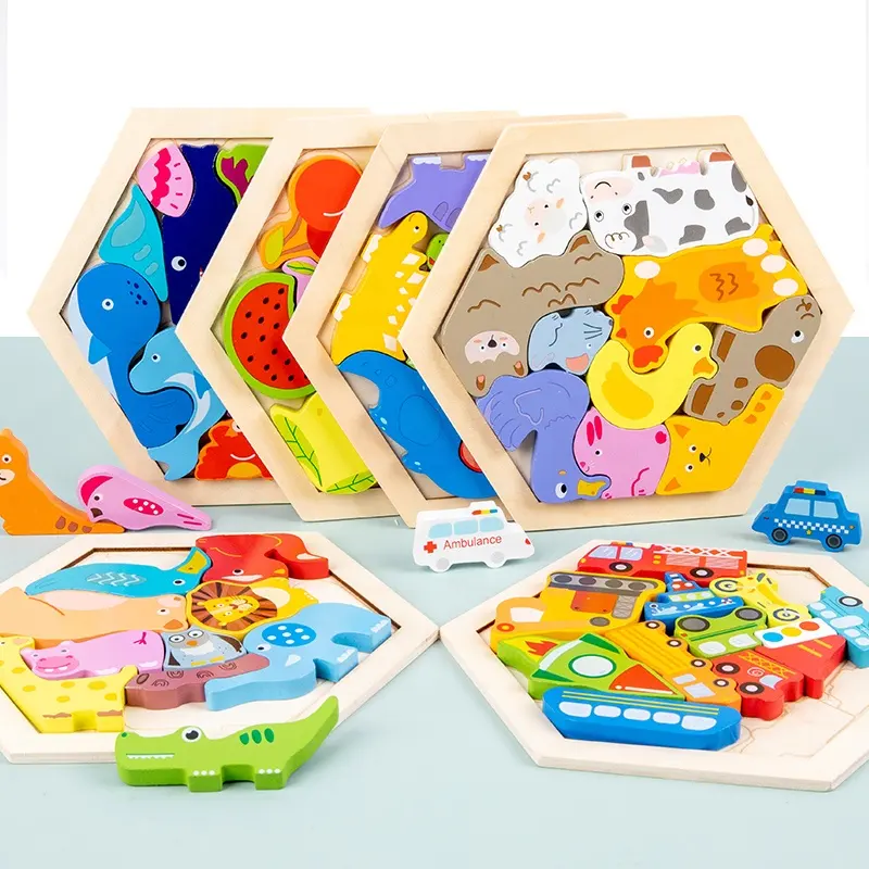 Custom Wooden Hexagon Puzzle For Kid Challenge Toy Fruits Animal Traffic Pattern Blocks Stem Montessori Educational Toys