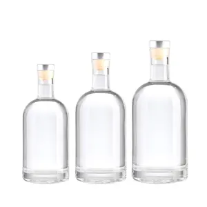 Botella de cristal vacía de corcho para whisky, tapón de corcho personalizado de alta calidad, 100ml, 200ml, 300ml, 375ml, 500ml, 750ml y 1000ml