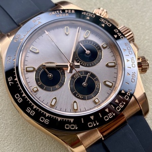 Montre chronographe sport haut de gamme, ton or rose, lunette tachymetre noire, aiguilles lumineuses, bracelet en caoutchouc, montre mécanique étanche - Product Image 2