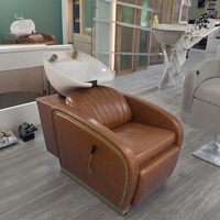 Fauteuil de lavage moderne en cuir PU pour salon de coiffure, chaise de lavage de cheveux en céramique, mobilier personnalisé en cuir marron pour salon de beauté et spa, vente en gros