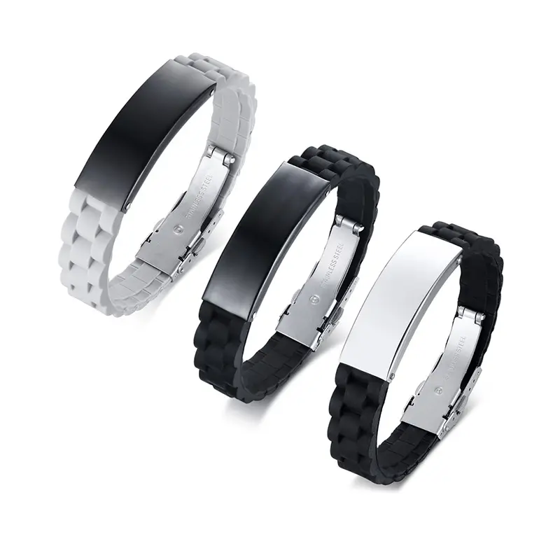 European and American trendy black silver blank brand stainless steel men's silicone bracelet
