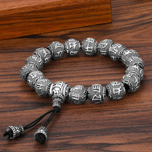 Bracelet de perles de <span class=keywords><strong>Bouddha</strong></span> noir plaqué <span class=keywords><strong>argent</strong></span> en vente en gros Bracelet de perles de richesse en obsidienne naturelle Mani Mantra - Product Image 1