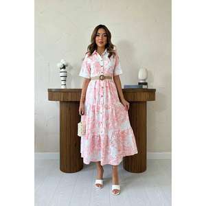 Robe rose brodée pour femme avec manches lacées, motif floral translucide, longueur genou, taille XS, idéale pour les occasions de jour - Vente en gros - Product Image 4