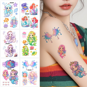 1 Set de 6 Feuilles de Tatouages Temporaires Colorés à Paillettes Autocollant Belle Sirène Dessin Animé <span class=keywords><strong>Tatouage</strong></span> Imperméable pour Visage Bras Jambe - Product Image 1
