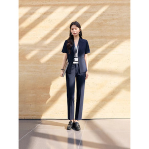 Women's Gray Short Sleeve Double Breasted <b>Blazer</b> And Trousers Suit <b>Set</b> For Commute Anti-Wrinkle Formal Wear - Product Image 2