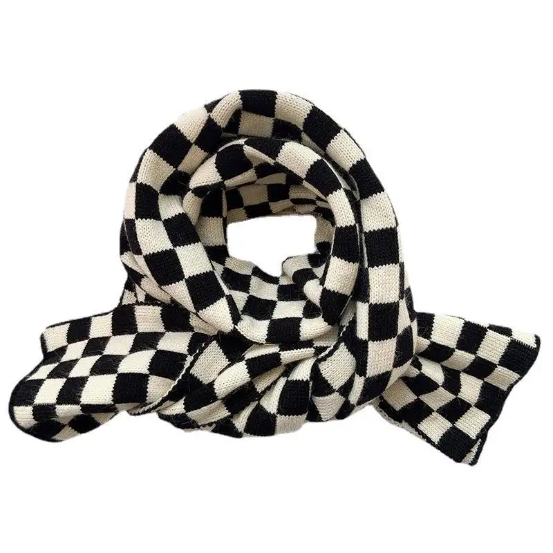 YD500 INS Winter Warm White Black Imitate Cashmere Thick Plaid Knitted Wool Long Scarves Women Shawl Chessboard Grid Knit Scarf